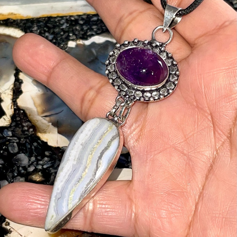 Large Crystal Pairing of Amethyst & Blue Lace Agate 3 1/2”